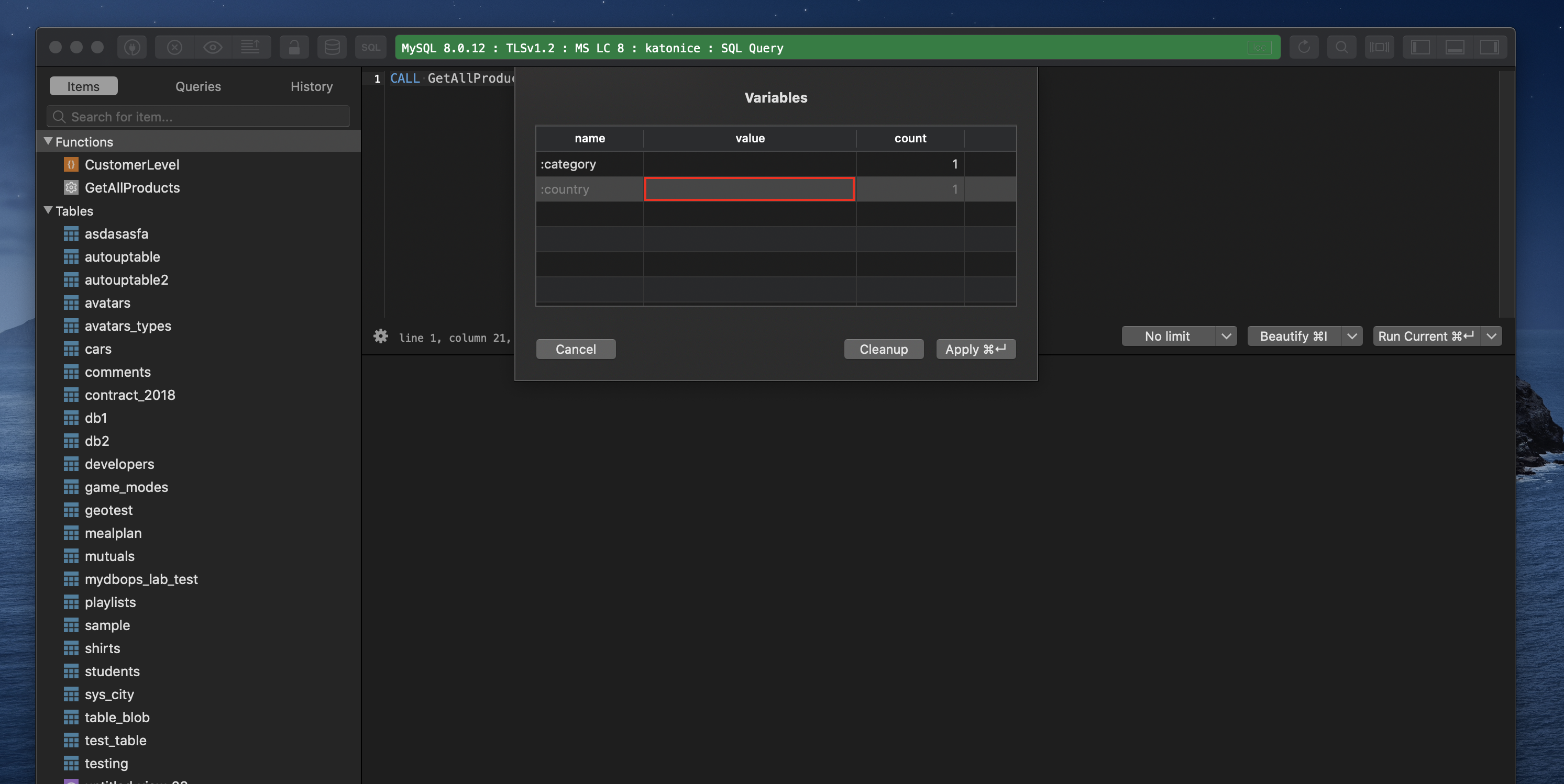 Call functions or procedures using in TablePlus