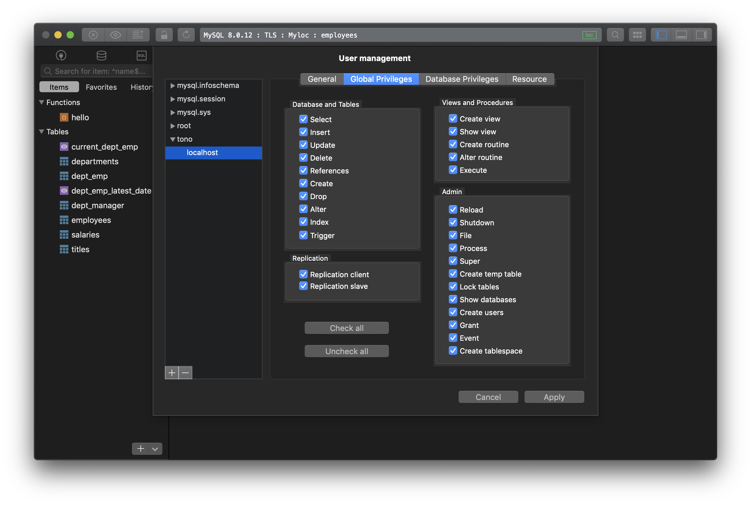 How to manage users in MySQL via TablePlus GUI?